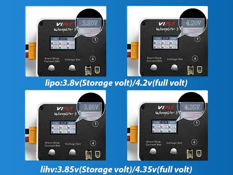 Napięcia docelowe VIFLY WhoopStor 3 dla LiPo i LiHV