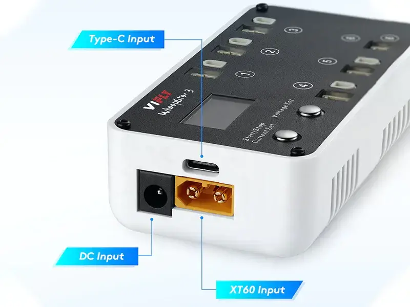 Wejścia USB-C, DC i XT60 ładowarki VIFLY WhoopStor 3