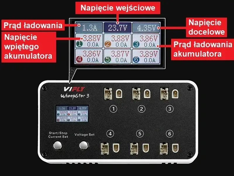 Opis ekranu LCD ładowarki VIFLY WhoopStor 3
