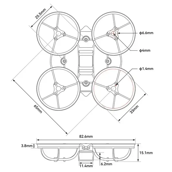 Wymiary ramki BetaFPV Air65 II, rozstaw 65 mm, 82,6 x 82,6 x 15,1 mm
