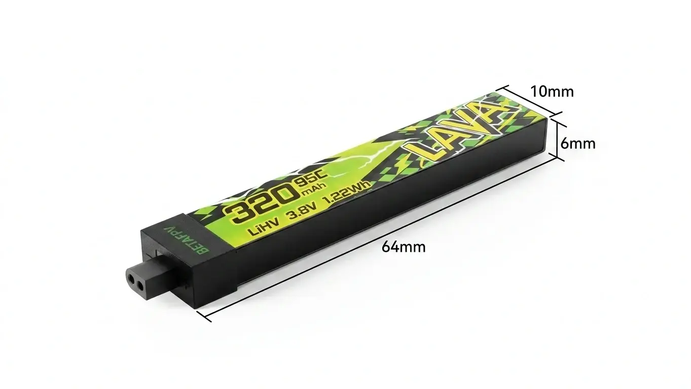 Wymiary akumulatora BetaFPV LAVA II 320mAh 1S 64 x 10 x 6 mm