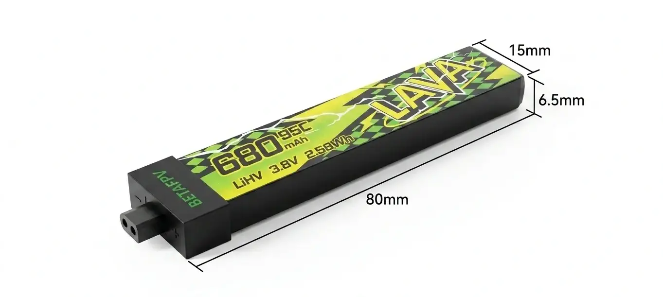 Wymiary akumulatora BetaFPV LAVA II 680mAh 1S 80 x 15 x 6,5 mm