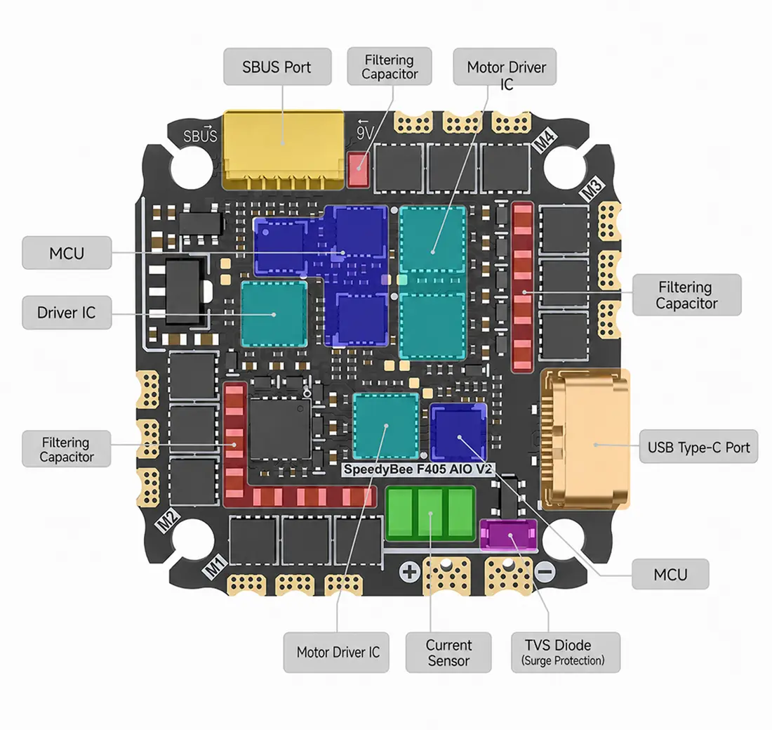 SpeedyBee-F405-AIO-V2-35/40A-Bluejay-25.5x25.5-3-6S-Flight-Controller