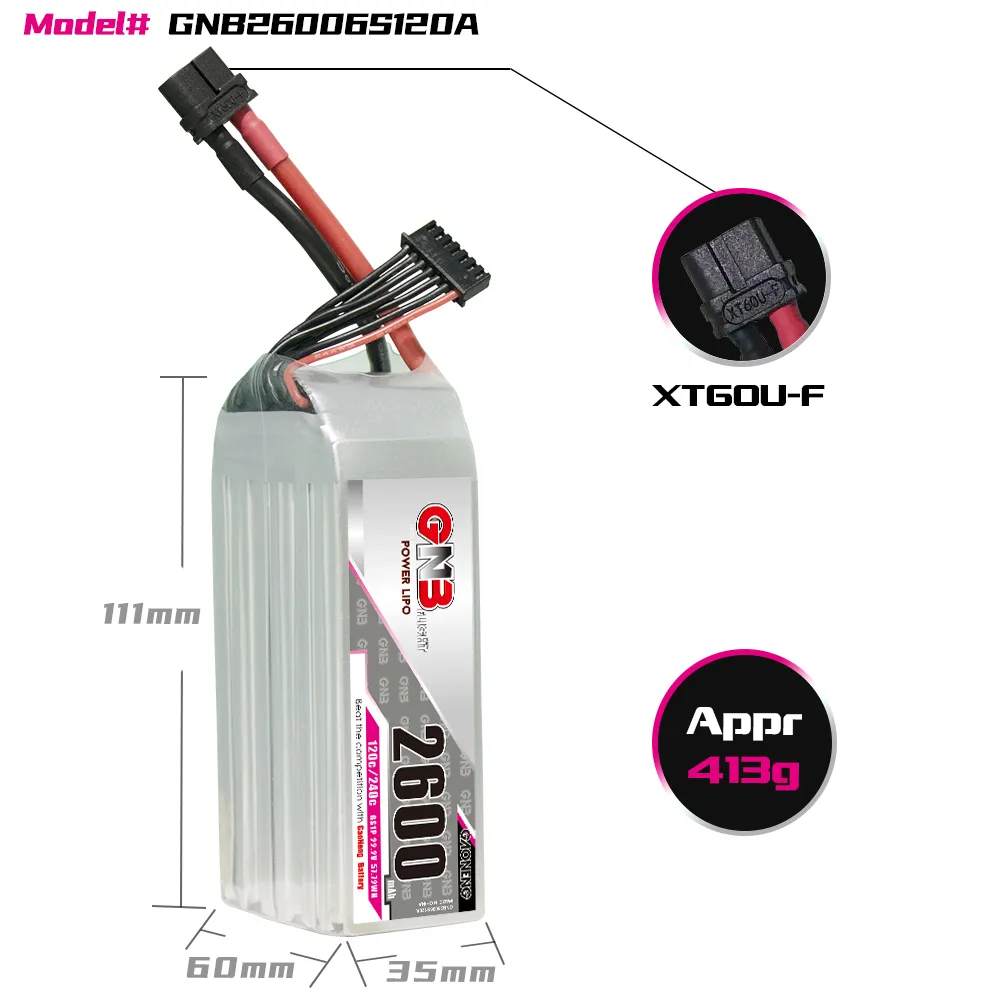 GAONENG GNB 6S 22.2V 2600mAh 120C XT60 LiPo Battery dimensions, weight and connector