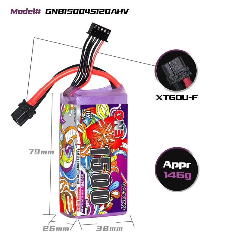 GAONENG GNB LiHV 4S 15.2V 1500mAh 120C XT60 LiPo Battery dimensions, weight and connector