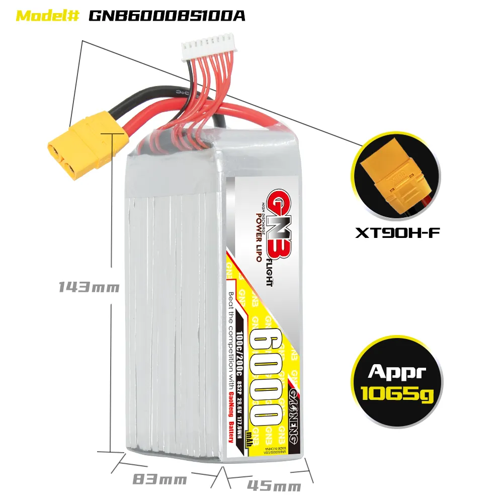GAONENG GNB 8S 29.6V 6000mAh 100C LiPo Battery XT90 dimensions, weight and connector