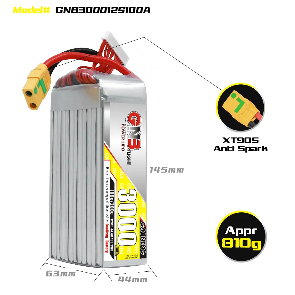 GAONENG GNB 12S 44.4V 3000mAh 100C LiPo Battery XT90S dimensions, weight and connector