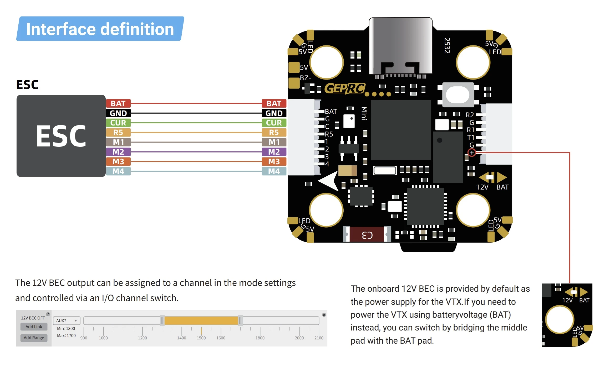 GEPRC TAKER H743 MINI ESC and 12V BEC wiring diagram