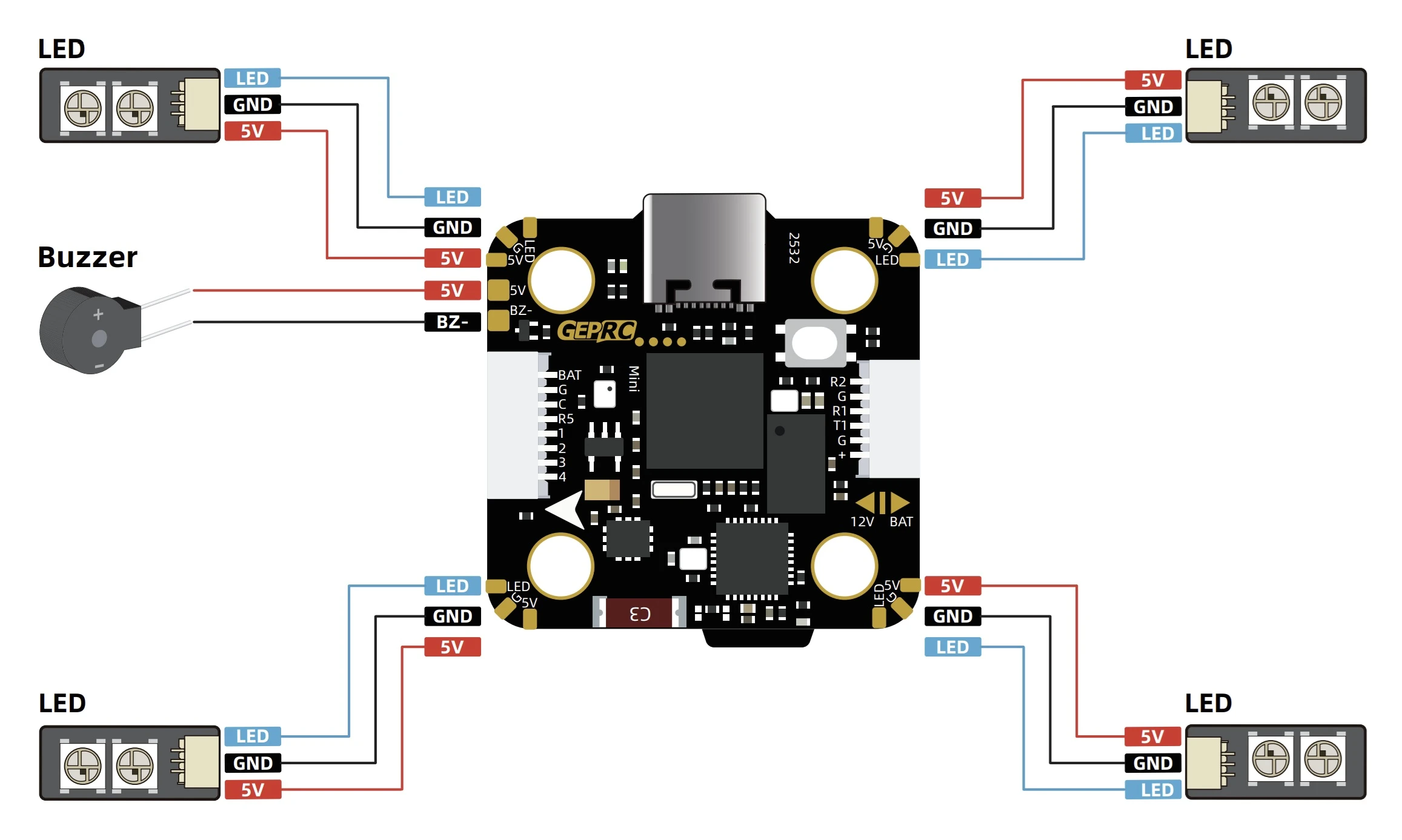 GEPRC TAKER H743 MINI LED and buzzer wiring diagram
