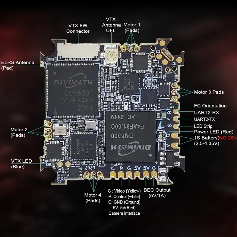 HDZero AIO5 wiring diagram, top of the board