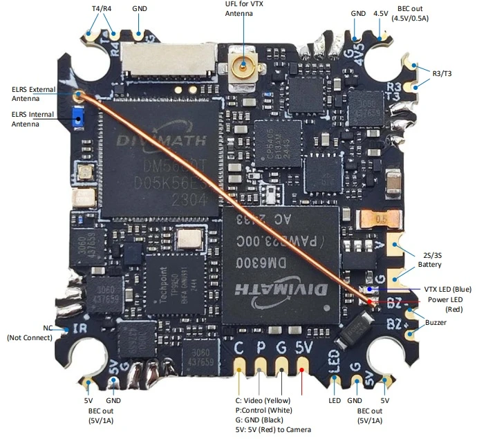 HDZero AIO15 wiring diagram, top of the board