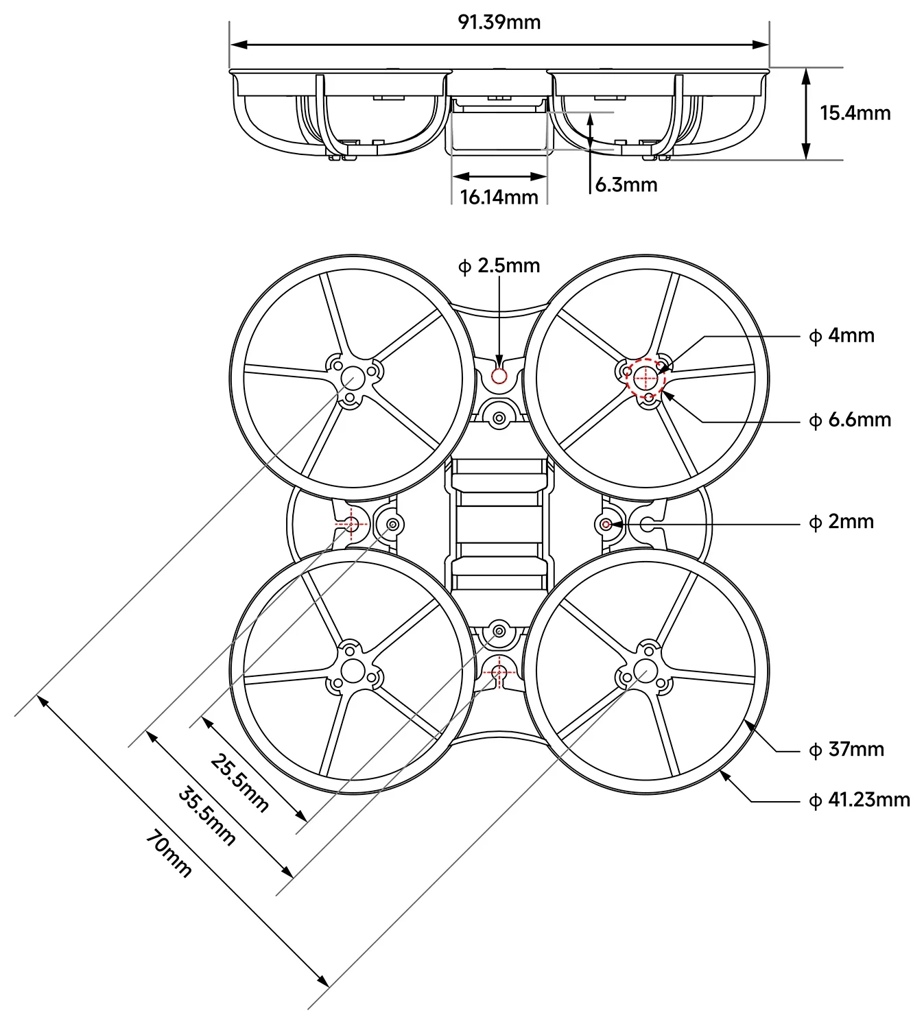 BetaFPV Meteor65 Pro II Brushless Whoop Frame dimensions