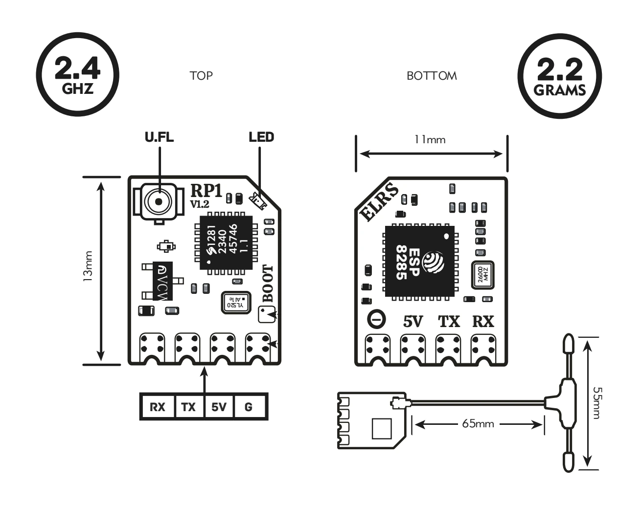 RadioMaster RP1 V2 ExpressLRS 2.4GHz Nano Receiver board layout