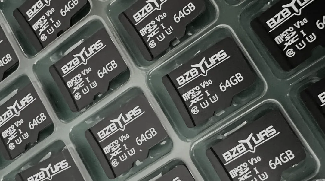A tray full of BZB UAS microSDXC Card 64GB C10 U3 memory cards